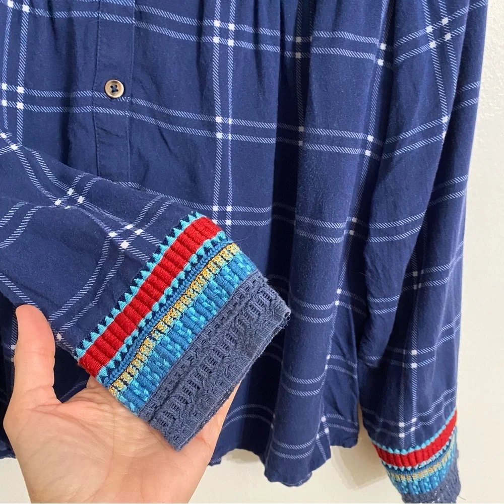 Akemi+Kin Anthropologie Navy Plaid Button-Up Blouse with Embroidered Details 8P - Picture 6 of 6